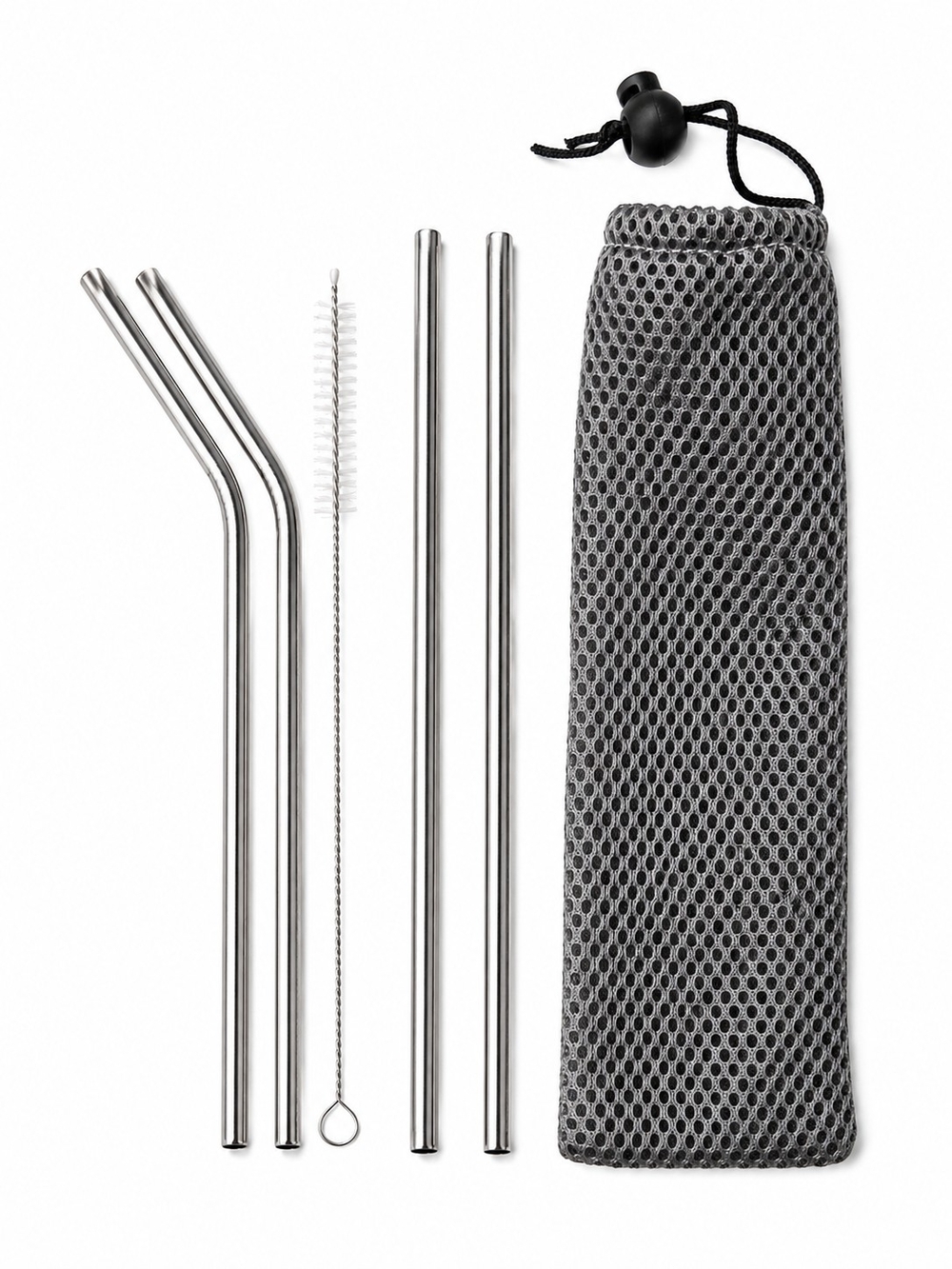 Amazon Stainless Steel Drinking Straw Set with Gray Mesh Pouch